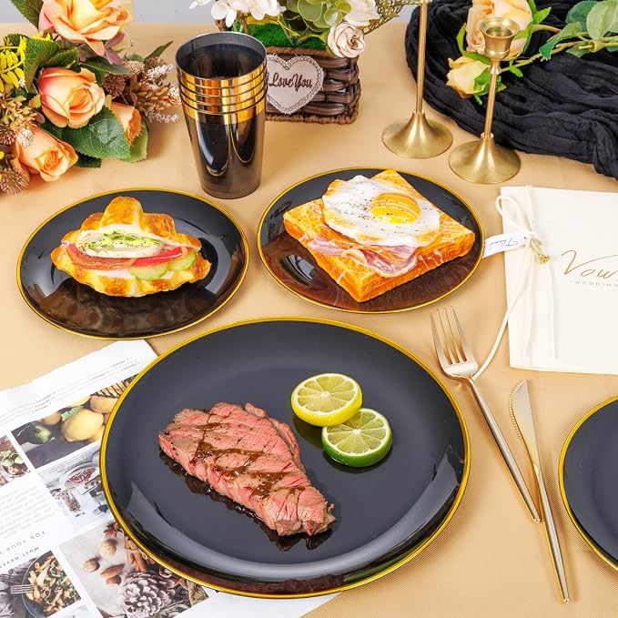 ejonirinjonir EI 180pcs Black Plastic Plates Black and Gold Disposable Plates Gold Plastic Dinnerware Set Silverware and Cups for Birthday,Wedding,Festival,Party,Graduation Decorations,Business Event