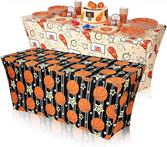 Frienda 2 Pcs Basketball Tablecloth Birthday Party Decorations Spandex Stretch 71 x 30'' Basketball Table Cloth Rectangle Table Cover for Sports Theme Birthday Party Supplies(Sports)