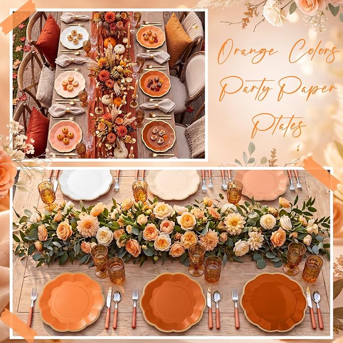 72 Pcs Beige-orange Peach Paper Plates 9 Inch Orange Gradient Scalloped Paper Disposable Dinner Dessert Plates for Birthday Wedding Bridal Baby Shower Party Supplies, 6 Colors