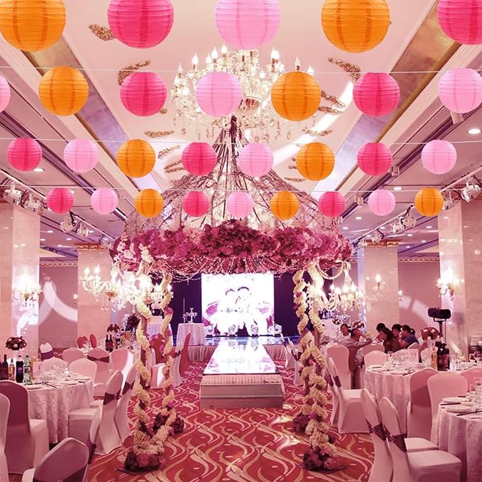 Hot Pink Orange Party Decorations,12pcs Paper Lanterns for Birthday Baby Shower Wedding Party Decorations(Hot Pink,Pink,Orange)
