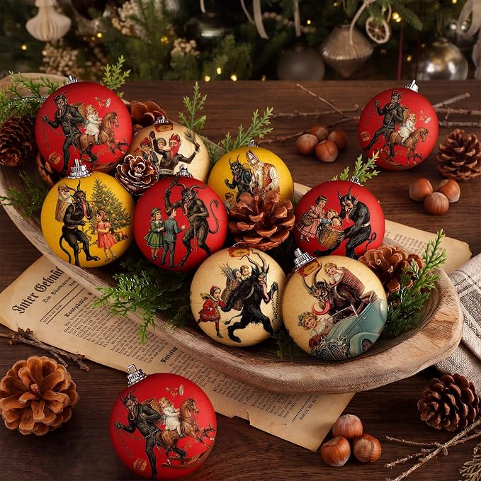 Outus 16 Pcs Vintage Krampus Christmas Ornaments for Tree Vintage Krampus Folklore Decorations Xmas Scary Ball Horror Gothic Dark Christmas Tree Hanging Signs for Home Fireplace Holiday Party Decor