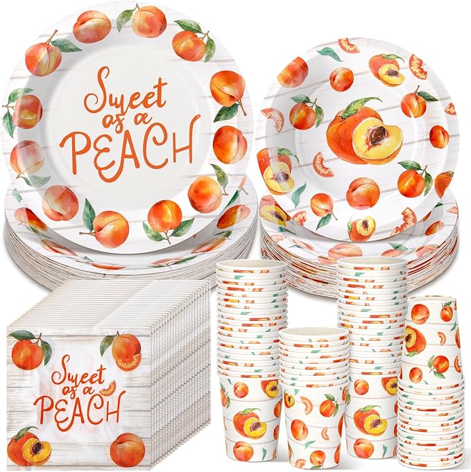 Domensi 250 Pcs Sweet As A Peach Baby Shower Party Decorations for Girls Disposable Paper Plates Napkins Cups Tableware Set for 50 Guests Peach Bride Shower Supplies for Weeding Birthday Party