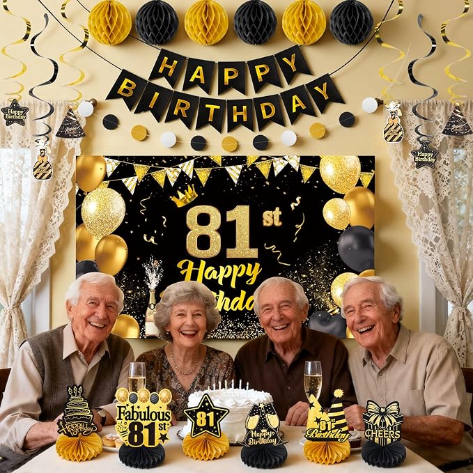 Happy Birthday Party Decoration Set: Including Birthday Banner Backdrop, Party Table Centerpieces and Hanging Swirl Party Streamers, Birthday Decor for Men and Women (Gold/Black, 81st Birthday)