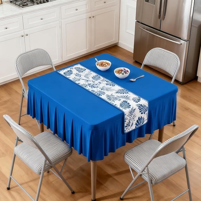 Wish Care Royal Blue Spandex Tablecloths for 34x34 Inch Square Tables, Stretch Fitted Table Clothes with Pleated Ruffle Skirt for 34” Table, Wrinkle Free and Elastic, for Party Kitchen Home Dining