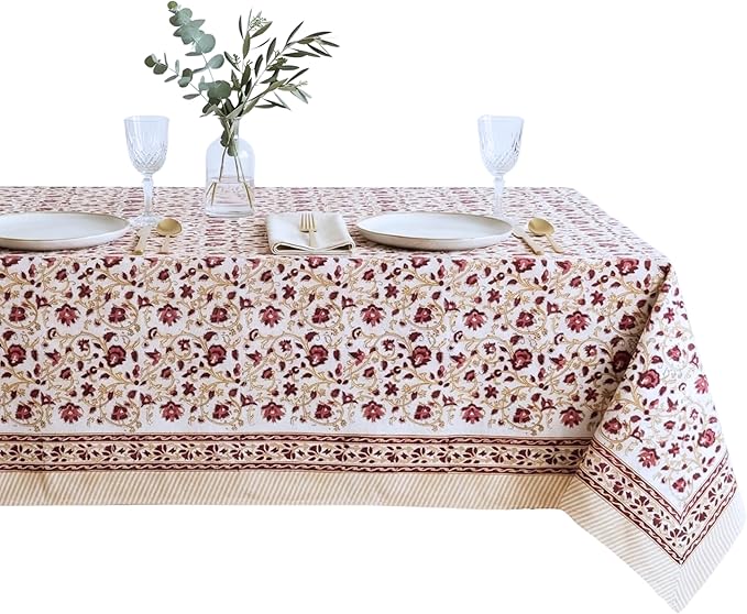 ATOSII Sophia 100% Cotton Rectangle Boho Spring Tablecloth, Handblock Floral Table Cloth Linen for Kitchen Dining I Parties Wedding Outdoors Farmhouse Grandmillennial I 60 X 108 Inches I 8 Seater