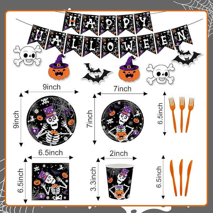 132 Pcs Halloween Party Supplies Includes Plates, Napkins, Cups, Banner, Hanging Swirls, Tablecloth for Halloween Horror Ghosts Skeleton Decorations, Serves 20