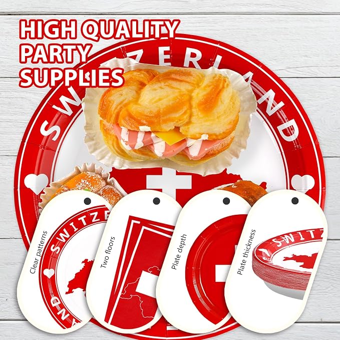 Grencian 96Pcs Switzerland Party Supplies Swiss Flag Plates and Napkins Disposable Switzerland Paper Plates Swiss National Day Decorations Tableware Kit for Football Events Travel, Cultural