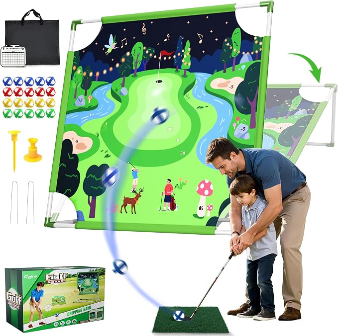 Owine Golf Chipping Game Set, 70" x70'' Double Sided Golf Hitting Mat with 2 Clubs and 20 Sticky Balls, Indoor Outdoor Golf Practice Game for Adults Kids, Home Sport Party/Backyard Party Activity