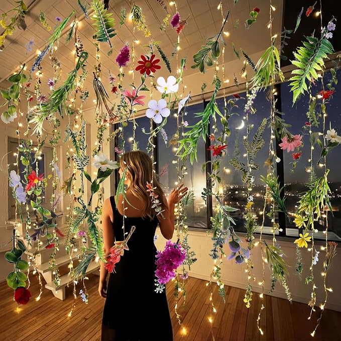 Suncalla 6 Pack 35.4ft Fake Flower Garland Backdrop with LED Lights Hanging Wildflower Floral Vine Decorations for Wedding Bridal Shower Birthday Baby Shower Party Backdrop(Fresh,Multicolor)