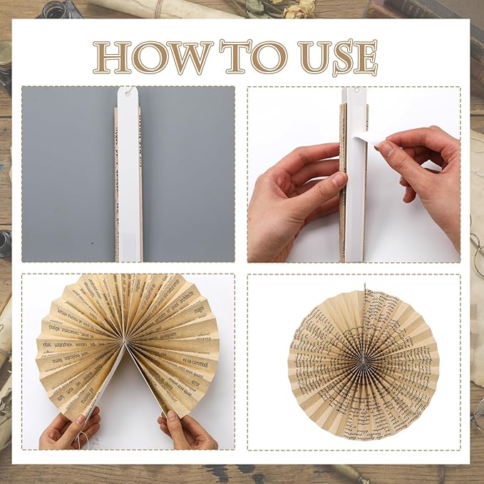Feifeiya 12 Pcs Vintage Book Hanging Paper Fans 8'' 12'' 16'' Vintage Pages Book Paper Fans Set Round Kraft Newspaper Hanging Ornaments Decorations for Library Club Birthday Wedding Events Party
