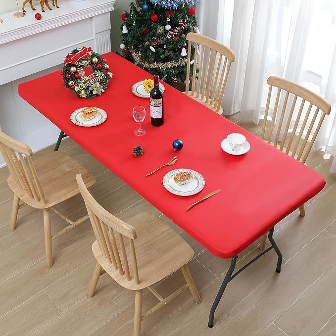 Smiry 3 Pack Rectangle Table Cloth, Elastic Fitted Flannel Backed Vinyl Tablecloths for 4ft Folding Tables, Waterproof Wipeable Table Covers for Indoor, Outdoor, Camping and Picnic (Red, 24"x48")