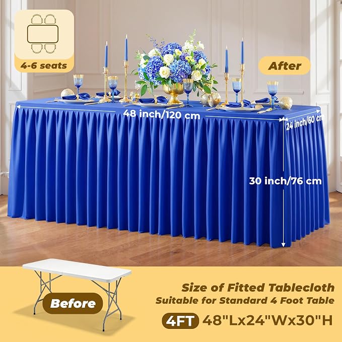Royal Blue Polyester Table Cloths for Rectangle 4 Foot Tables, 1 Pack Wrinkle Free Tablecloths Stretchy Banquet Ruffle Fitted Table Cover Desk Skirt for Parties Wedding Birthday Baby Shower