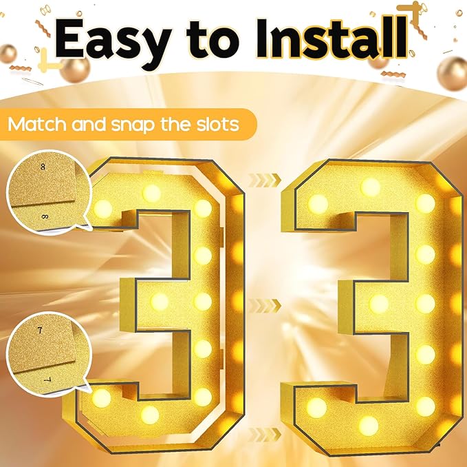 4FT Large Light Up Numbers 3, Gold Number 3 Marquee Frame Marquee Mosaic Numbers for 3rd Birthday, Giant Marquee Number 4 Feet Tall DIY Frame Pre-Cut Foam Board Kit for Graduation Anniversary Party