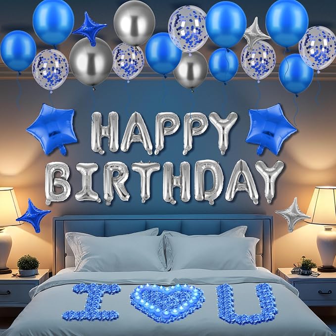 Blue Happy Birthday Balloons Banner Navy Blue Silver Birthday Balloons Letters with 6 Pcs Star Balloons Blue Artificial Rose Petals 24 Flameless LED Candles Set for Hotel Birthday Party Decorations