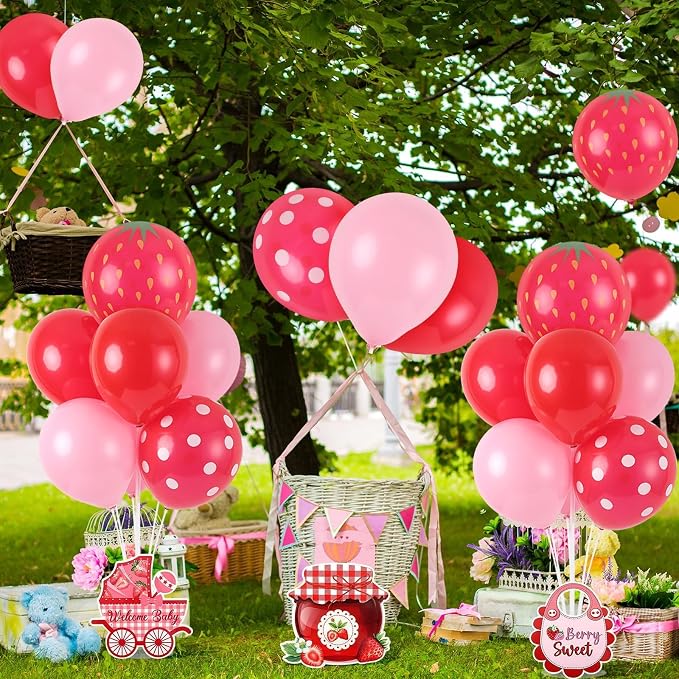 6 Sets Strawberry Balloon Stand Kit for Table Strawberry Baby Shower Centerpieces with Balloon Sweet Strawberry Party Balloon Decorations for Girls Strawberry Birthday Themed Supplies