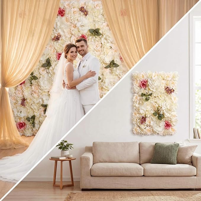 3D Flower Wall Backdrop - 6Pcs 16×24 Inch Artificial Rose Panels Champagne Silk Floral Decor for Home Party Wedding Anniversary Birthday Photographic Studio Background & Decorative Fences