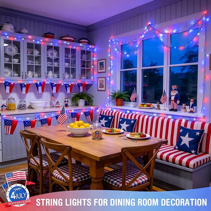 JMEXSUSS 250 LED Red White and Blue Lights, 91.5ft Patriotic Lights Plug in | Connectable, Green Wire, Waterproof, 8 Modes, Indoor/Outdoor Use, Tree Yard Patio Home Decor, Perfect for 4th of July Day
