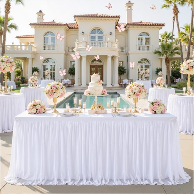 White Table Cloth 6 Foot Rectangle Spandex Table Covers 6ft Fitted Tulle Tablecloth Rectangular Desk Skirt Stretch Table Cloths Covers Party Banquet Birthday Baby Shower Wedding Table Cloth, 6 Pack