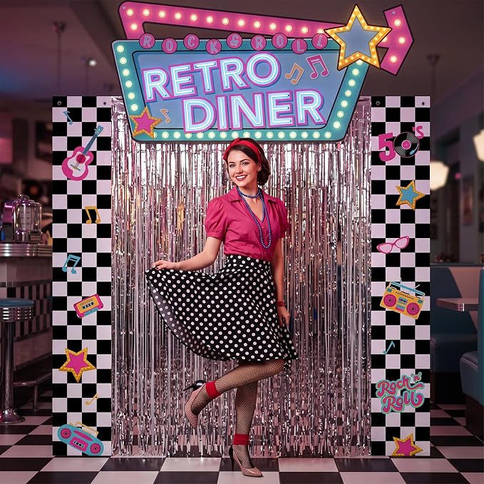 Peryiter 5 Pcs 1950s Party Decorations Rock and Roll Party Decorations Retro Diner Welcome Arch, Silver Foil Fringe Curtain and Double Sided Tape for 1950s Theme Backdrop