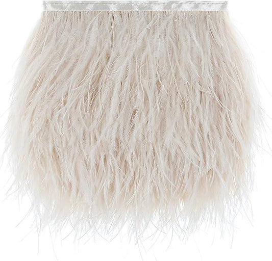 AWAYTR Ostrich Feather Trim Fringe - Satin Ribbon Dress Sewing Crafts Costumes Decoration Pack of 2 Yards (Beige)