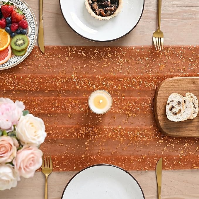 Artoid Mode 3PCS Caramel Gauze Gold Table Runner 120 Inch 10FT, Glitter Metallic Foil Sheer Dining Wedding Anniversary Holiday Table Decor for Home Party