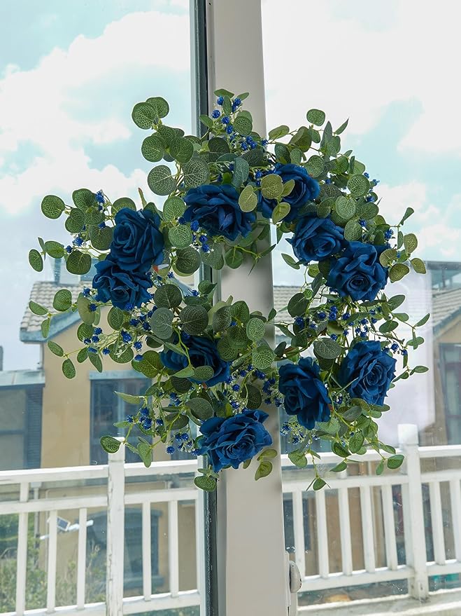 Anna's Whimsy 5.91FT Artificial Eucalyptus Garland with Flowers, Fake Rose Gypsophila Garland, Faux Floral Garlands for Wedding Spring Home Party Craft Art Table Runner Decor (Blue, 1)