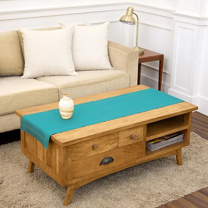 Solino Home Linen Hemstitch Table Runner 48 Inches - 100% Pure Linen Teal Table Runner 14 x 48 Inch Ideal for Dresser and Coffee Tables, Mothers Day - Classic Hemstitch