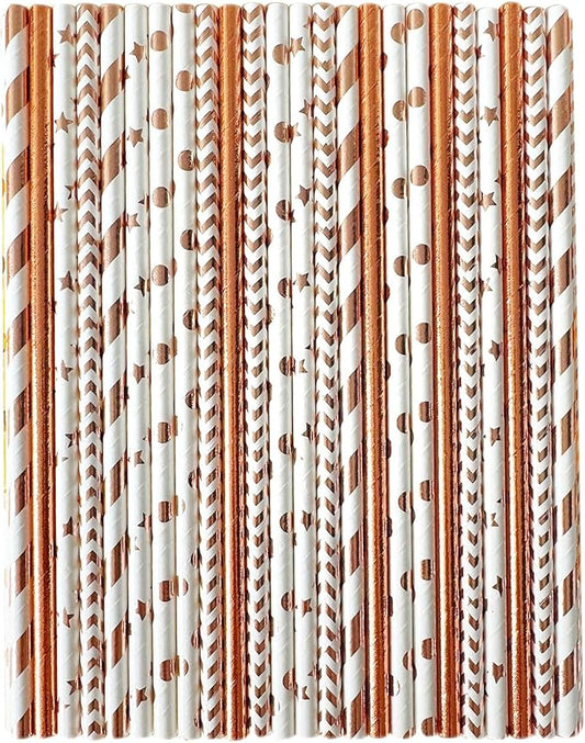 YAOSHENG [100 Pack] Rose Gold Paper Straws Disposable, 100% Biodegradable Multi-Pattern Party Straws For Birthday, Wedding and Holiday Decoration (rose gold)