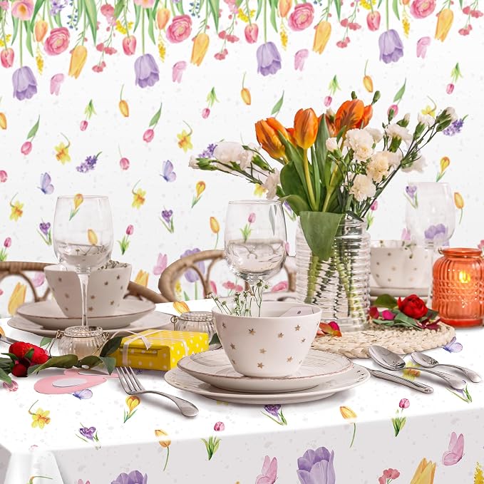 Kochorie 100 Ft x 54 Inch Spring Flower Tulip Tablecloth Roll Plastic Floral Disposable Table Cover Butterfly Wildflower Themed Backdrop for Spring Floral Tea Party Birthday Wedding Decor
