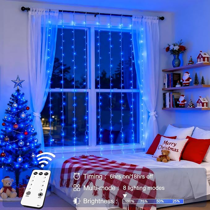 JMEXSUSS 300LED Blue Curtain Lights, Christmas Lights with Remote, Hanging String Lights for Bedroom Wall Window Backdrop Garden Indoor Outdoor Patio Yard Decorations, 9.8x9.8ft