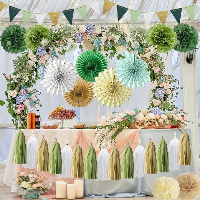 Sage Green Party Decorations Retro Green Paper Fan Birthday Baby Shower Tissue Pom Poms Streamers Bachelorette Party Supplies Tassel Garland Banner Wedding Decor