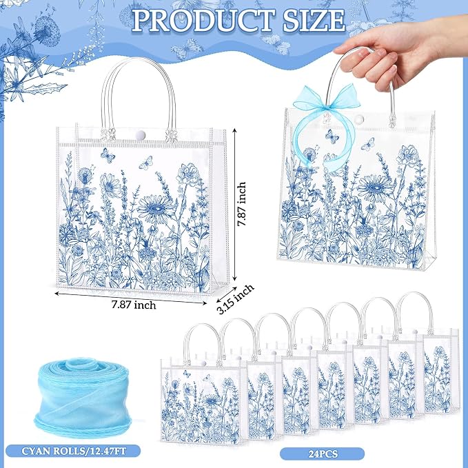 Hosuly 24 Pcs Blue White Floral Party Favor Bags with Handles, Clear PVC Wildflower Goodie Treat Vintage Gift Bags for Wedding Bridal Baby Shower Birthday Party Favors Supplies 7.9 x 7.9 x 3.1 Inch