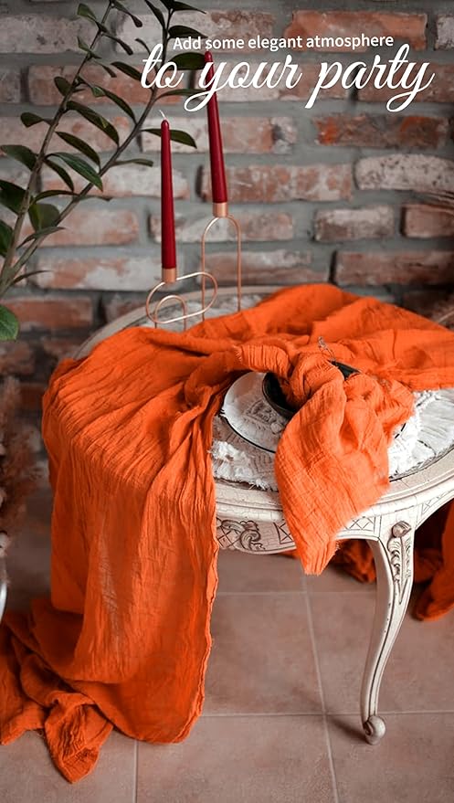 10 Pack Orange Cheesecloth Table Runner 17x108 Inch Semi Sheer Boho Gauze Cheese Cloth Table Runners, for Wedding Bridal Shower Birthday Party Home Decor Garden Farmhouse