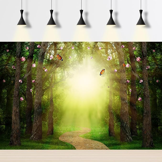 Fantasy Forest Backdrop Magic Forest Beautiful Butterflies and Sunlit Way Photography Background Fairy Wonderland Foggy Forest Backdrop Decors Spring Travel Hiking Outdoor Party Background 6x4ft