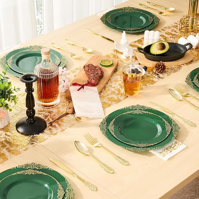 Fijinhom 350pcs Green Plastic Plates, Elegant Disposable Dinnerware Set, 125 Pieces, White and Gold, Plates, Cups, Cutlery and Napkins (Green, 50 Guests)