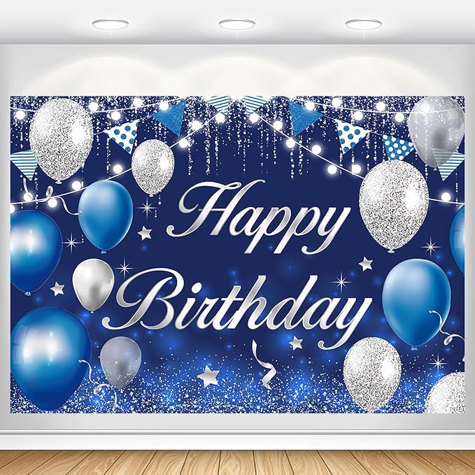 Happy Birthday Backdrop for Men Boys Navy Blue and Silver Birthday Banner Decorations for Women Girls Party Background Supplies Glitter Indoor Outdoor Photo Booth Props Polyester Fabric 10x8ft