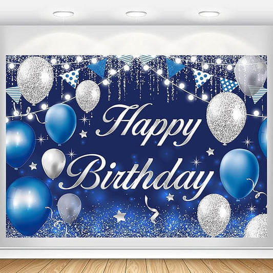 Happy Birthday Backdrop for Men Boys Navy Blue and Silver Birthday Banner Decorations for Women Girls Party Background Supplies Glitter Indoor Outdoor Photo Booth Props Polyester Fabric 10x8ft