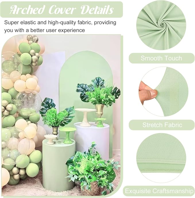 Metal Arch Stand and Cover Set,1 Sage Green Spandex Fitted Backdrop with 1 Gold Wedding Arched Stand Frame for Parties Birthday Baby Shower Bridal Banquet Decoration (7.2FT)