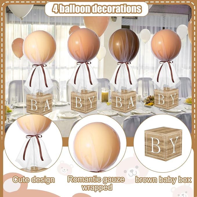 6 Set Brown Bear Tulle Tutu Balloon with Letter Boxes Baby Shower Table Centerpieces Decor for Gender Reveal 24'' Balloons White Tulle Cover with Stand, Boxes for Girl Boy Wedding Birthday Party