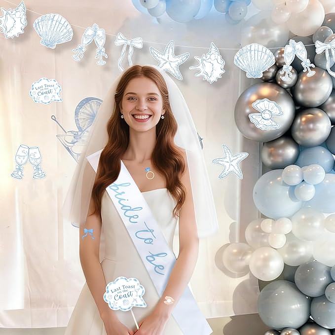 Last Toast on The Coast Bachelorette Party Decorations Kit, Coastal Bachelorette Photo Booth Props Beach Coastal Banner Bride to Be Sash Veil Temporary Tattoos Bridal Shower Decorations