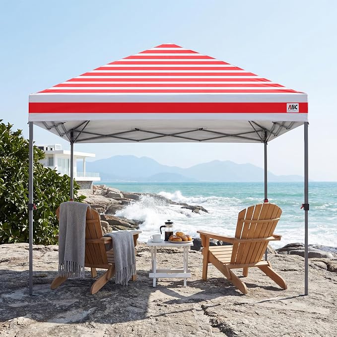 ABCCANOPY 10x10 Pop Up Canopy Tent, Easy Setup Instant Shelter with Wheeled Bag, Heavy Duty Outdoor Canopy for Beach, Market, Backyard, UV Protection, Outdoor Weather Protection (Red Stripes, 10x10)