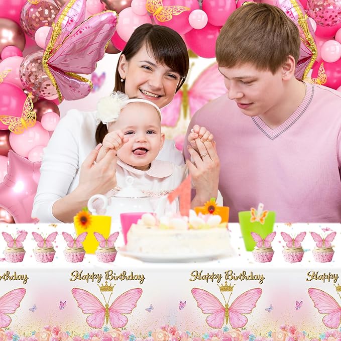 Pink Balloon Arch Kit with Foil Butterfly Balloons, Happy Birthday Backdrop & Tablecloth Decorations for Girl's Party - 106 Supplies