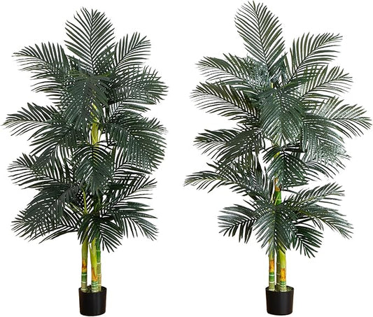 Nearly Natural 6-FT Artificial Golden Cane Palm Tree Set of 2 Fake Palm Trees with Three Realistic Trunks and 21 Lifelike Palm Fronds, Faux Palm Plants for Indoor Home Décor with Black Nursery Planter