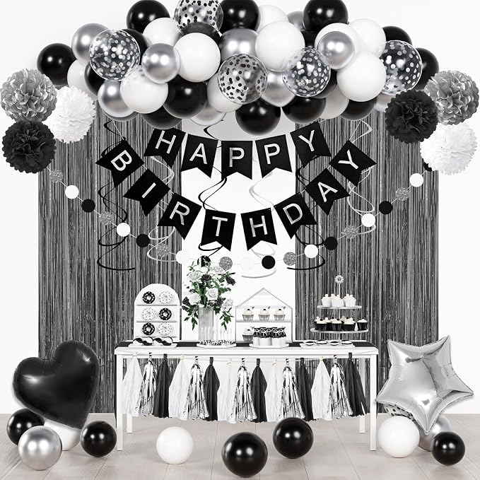 Black and White Birthday Party Decorations, Black Metallic Silver Confetti Balloons Happy Birthday Banner Fringe Curtains Hanging Swirls Circle Dots Paper Tassels Pompoms for Men Boys Party Supplies