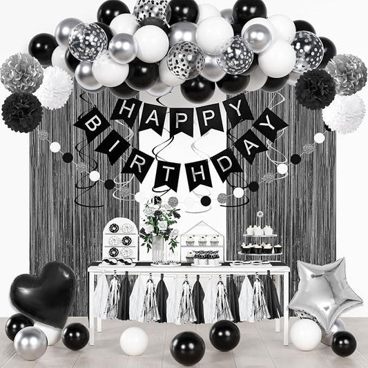 Black and White Birthday Party Decorations, Black Metallic Silver Confetti Balloons Happy Birthday Banner Fringe Curtains Hanging Swirls Circle Dots Paper Tassels Pompoms for Men Boys Party Supplies