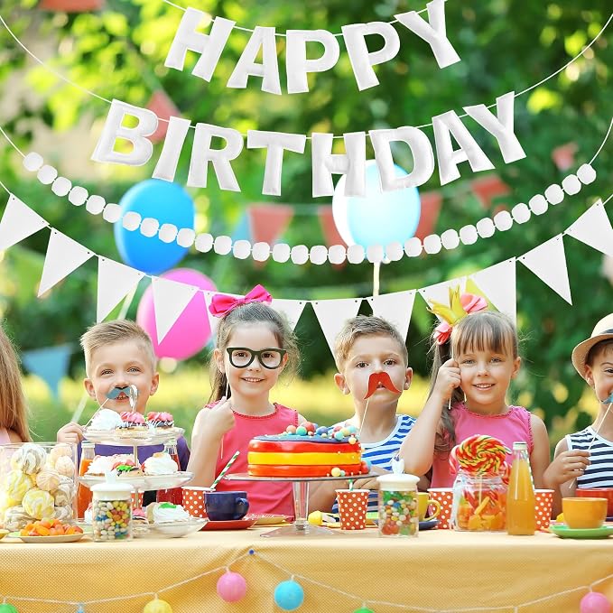 CANREVEL Pre-Strung 3D Rainbow Happy Birthday Banner, 3 PCS Happy Birthday Felt Sign, Pom Pom Garland, Triangle Fabric Bunting, Colorful Reusable Birthday Decorations for Women Men Girls Boys, White