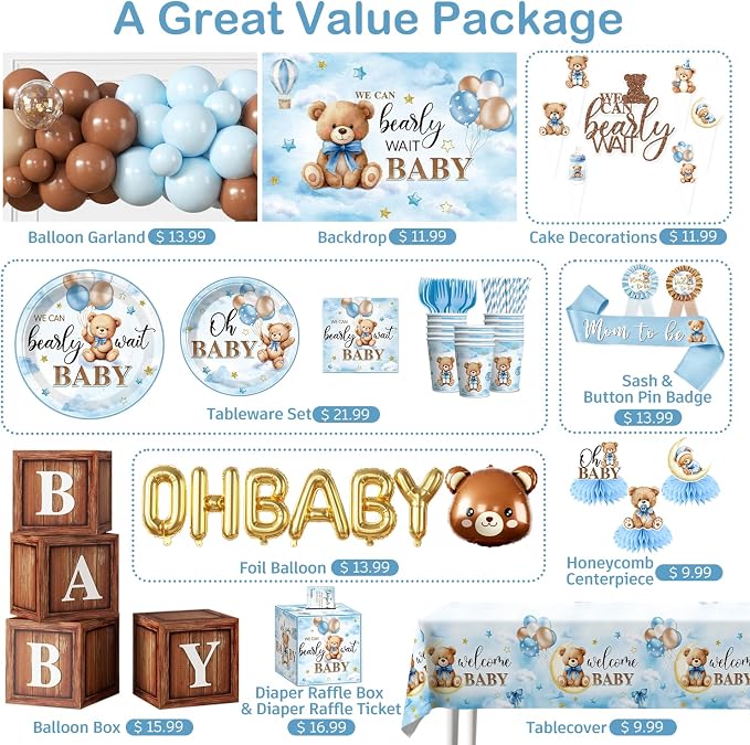 342Pcs Blue Bear Baby Shower Decorations Serves 25, All-in-1 Bear Party Decorations with Balloon Arch Kit Flower Crown Headband Plates Napkins Cake Topper Tablecloth Backdrop Blue Baby Shower Decor