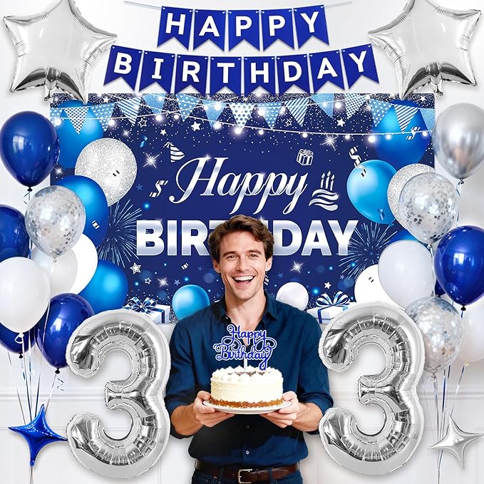 33rd Birthday Decorations for Men & Women, Navy Blue and Silver Happy 33rd Birthday Party Decorations with Number Balloons, Hanging Swirls, Cake Topper for 33 Years Old Party Supplies