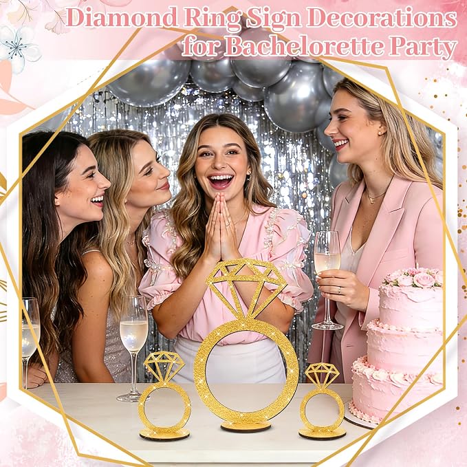 3 PCS Bridal Shower Centerpieces for Tables Diamond Ring Sign Table Centerpieces Gold Glitter Wooden Diamond Ring Sign Decor for Wedding Anniversary Supplies Batcholette Engagement Party
