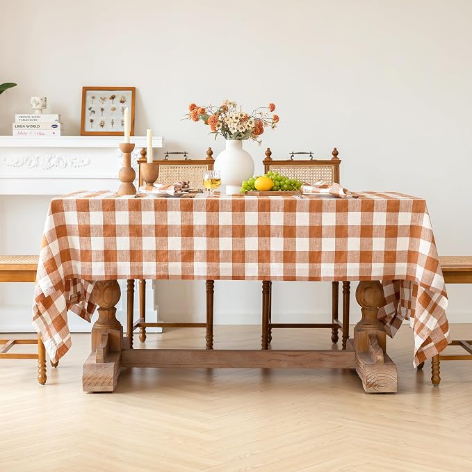 Linen World Gingham Tablecloth – Buffalo Plaid Linen Tablecloth 72" x 72" Inch,100% French Flax Table Cloth for Dining Table,Weddings,Thanksgiving & Christmas Decor,Rust Checkered